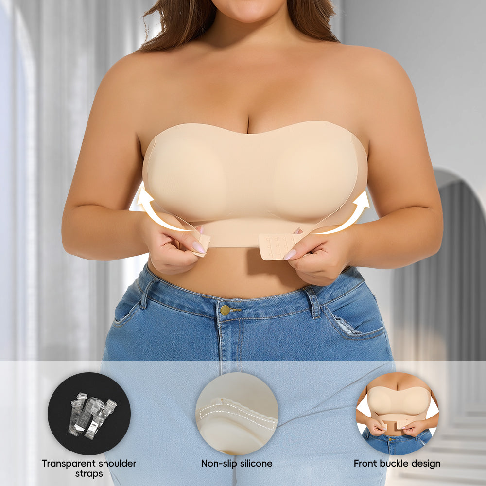 Seamless Strapless Front-Closure Bra – Padded, Cross-Band Support for All-Day Comfort
